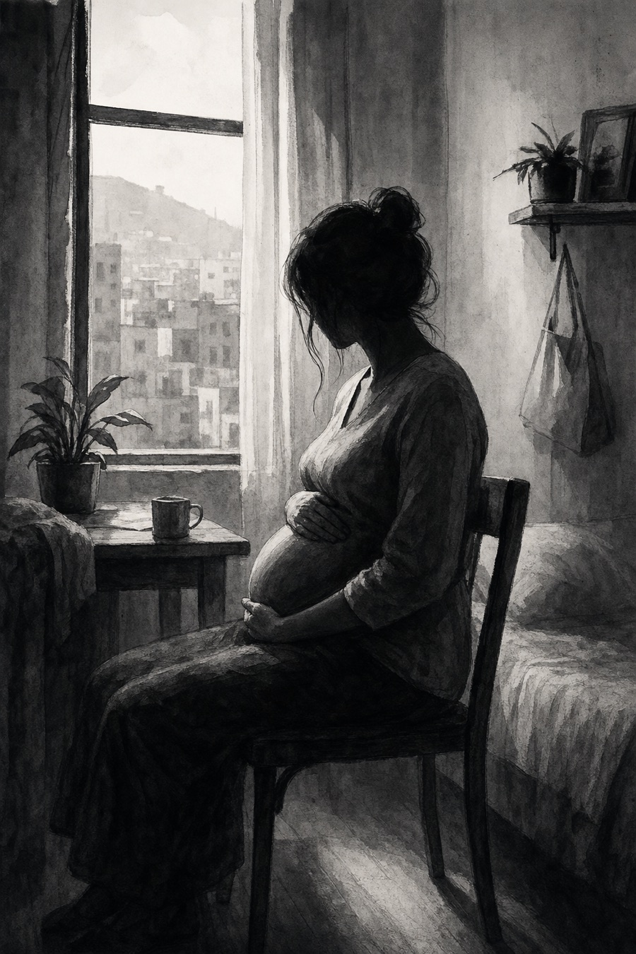 Ilustración referencial en blanco y negro de una mujer embarazada en un departamento