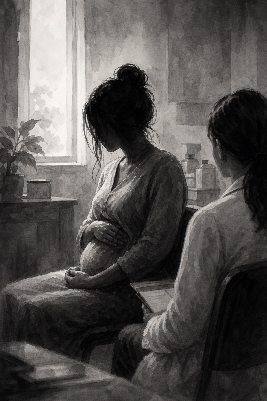 Ilustración referencial en blanco y negro de una mujer embarazada en un entorno médico