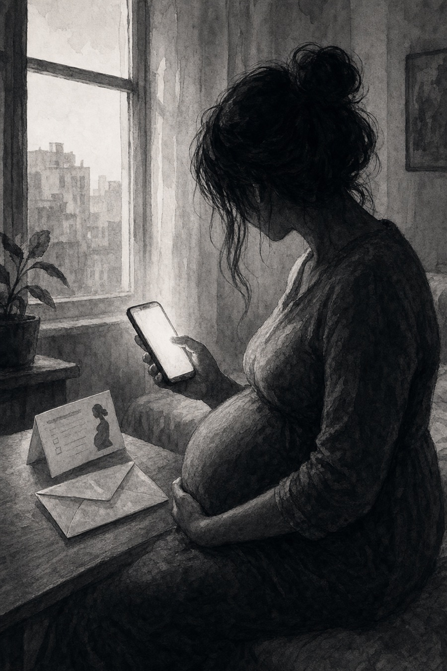 Ilustración referencial en blanco y negro de apoyo familiar a distancia y cuidado prenatal