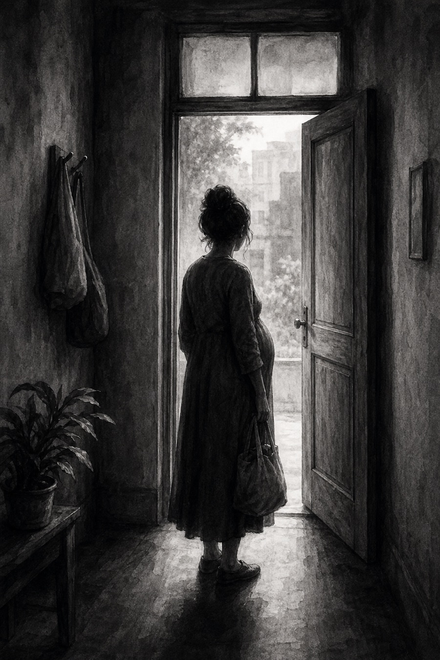 Ilustración referencial en blanco y negro de una salida segura y una puerta abierta